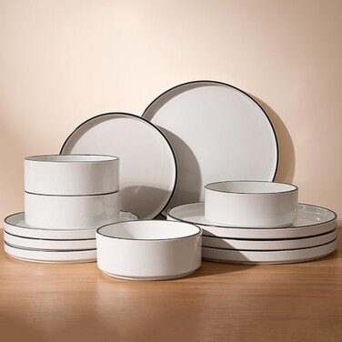 Famiware Nebula 12-Piece Dinnerware Set, White with Black Rim