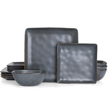 Famiware Square Stoneware Dinnerware Set for 4, Matte Dark Charcoal