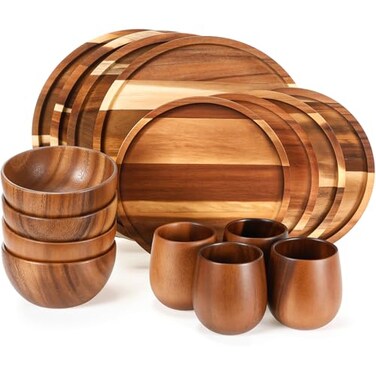 Maxdot 12 Pcs Acacia Wood Dinnerware Set for 4