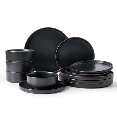 Famiware Nebula Ridge 12-Piece Stoneware Dinnerware Set, Matte Black