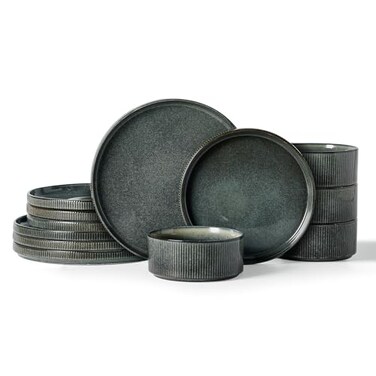 Famiware Star Stoneware Dinnerware Set, Reactive Glaze Plates &amp; Bowls for 4