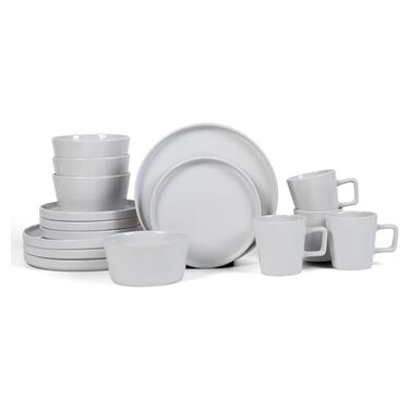Stone Lain Celina Modern Stoneware 16-Piece Dinnerware Set, Plates and Bowls Set, White Glossy, Dish Set Service for 4