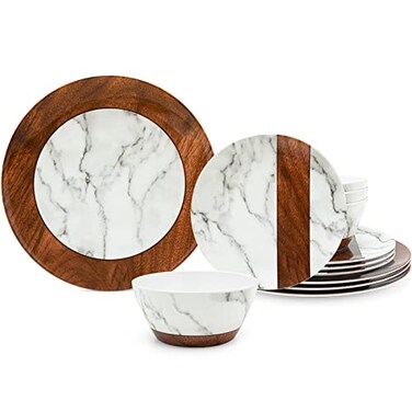 Lehaha Rustic Modern Melamine Dinnerware Sets, Marble Dishes Set for 4