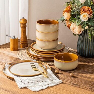 Leratio Ceramic Dinnerware Sets for 4,12-Pcs Porcelain Plates and Bowls Set