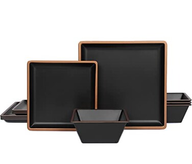 Gofunfun Melamine Dinnerware Sets Service for 4, Square Dinner Plates and Bowls Set