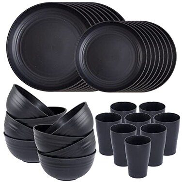 Supernal 32-Piece Black Wheat Straw Dinnerware Sets, Unbreakable Dish Sets