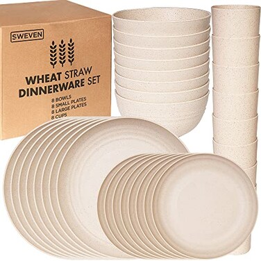 Sweven Wheat Straw Dinnerware Sets Unbreakable Dinnerware Sets Dishwasher Microwave Safe Dinnerware Eco Friendly Non Breakable Dinnerware Sets Rv Outdoor Camping (Beige, Service for 8 (32 Pcs))