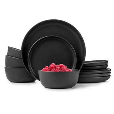 Lefonte Dinnerware Sets, Stoneware Dinnerware Sets, Plates and Bowls Sets, Dishes, 12-Piece Service for 4, Matte Black