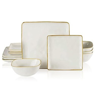 Famiware Square Plates and Bowls Sets, 12PCS Stoneware Dinnerware Set for 4