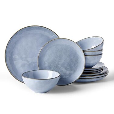 Famiware Ocean Round Stoneware Dinnerware Set for 4, Plates and Bowls, Blue