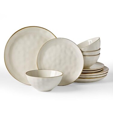 Famiware Ocean Round Dinnerware Sets for 4, 12-Piece, Vanilla White