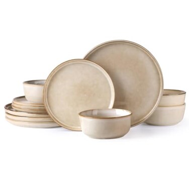 AmorArc Stoneware Dinnerware Sets for 4, 12 Piece Plates and Bowls Sets