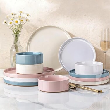 AmorArc Stoneware Dinnerware Sets for 4,12Pcs Plates and Bowls Set