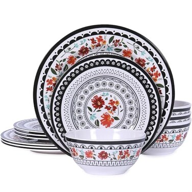Gofunfun 12-Piece Melamine Dinnerware Sets, Unbreakable Black White Plates and Bowls