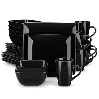 Vancasso Soho Dinnerware Sets 24 Pieces, Black Stoneware Square Place Setting, Dinner Plate, Cups and Plates Sets for Kitchen, Dish Set for 6