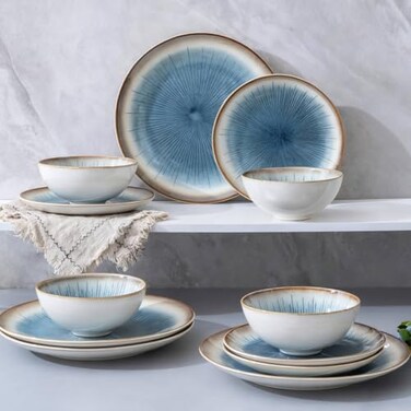 Whitepeony Blue Stoneware Dinnerware Set, 12 Pieces, Blue Stripe Marble, Dishwasher &amp; Microwave Safe