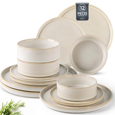 AmorArc Stoneware Dinnerware Sets for 4,12 Piece Plates and Bowls Sets