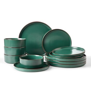 Famiware Nebula Ridge 12-Piece Stoneware Dinnerware Set, Dark Green