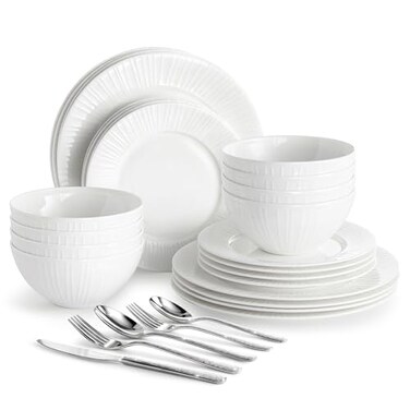 Kingstone 24PC Bone China Dinnerware Set &amp; 40PC Flatware Combo Set for 8