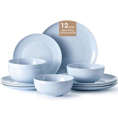 Kingstone 12-Piece Bone China Dinnerware Set for 4, Misty Blue