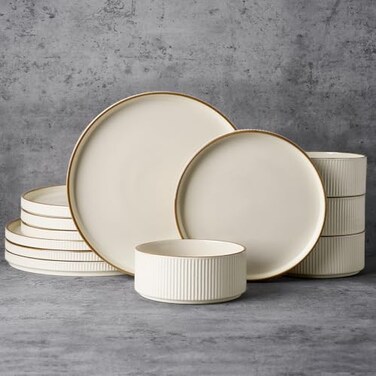 Famiware Plates and Bowls Set with Rim, Stoneware Dinnerware Sets for 4