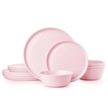 Kingstone 12-Piece Bone China Dinnerware Sets, Blush Pink
