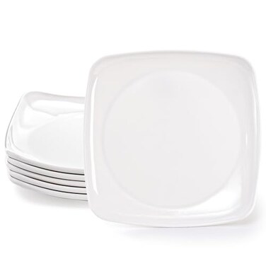 Fasmov 6 Pack 10.5" Melamine Sqaure Dinner Plates, Unbreakable Serving Dishes, Modern Square Dinnerware, Square Serving Plate for Steak, Pasta, Fruit, Salad, Snacks, Pizza, Appetizer Plates, White