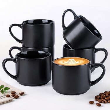 GBhome 14 Oz Coffee Mugs Set of 6, Stackable Matte Black Coffee Cups Set