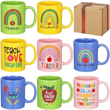 Maxdot 8 Pcs Teacher Ceramic Coffee Mugs Set 12 Oz Handle, Vibrant