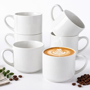 GBhome 14 Oz Coffee Mugs Set of 6, Stackable White Coffee Cups Set
