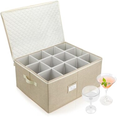 LotFancy Stemware Storage Container, Hard Shell, Large Wine Glass Storage Box for Moving, Stackable, Foldable, Crystal Glassware, Drinkware Case with Dividers &amp; Handles, 21 X15.5 X10, Beige