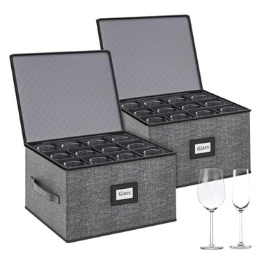 Aokeyee 2-Pack Wine Glass Storage Box with Dividers, Hard Shell Stemware Storage