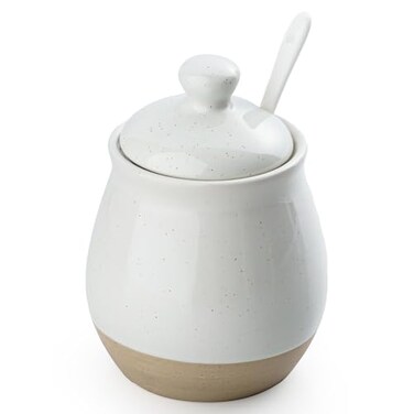 Famiware 10OZ Sugar Bowl with Lid and Spoon, Ceramic Container, White