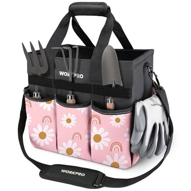 Workpro Garden Tool Bag, 10 Pockets and Shoulder Strap, Floral Pink