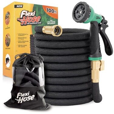 Flexi Hose Plus Expandable Garden Hose with 8 Function Nozzle, 100FT - Lightweight Retractable Garden Hose, Water Hose - No-Kink Flexibility, 3/4 Inch Solid Brass Fittings Includes Hook &amp; Bag