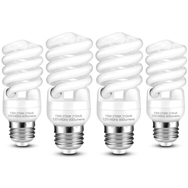 Barfelty Cfl Light Bulbs E26 Base T2 Spiral 13W 2700K Warm White (4-Pack)