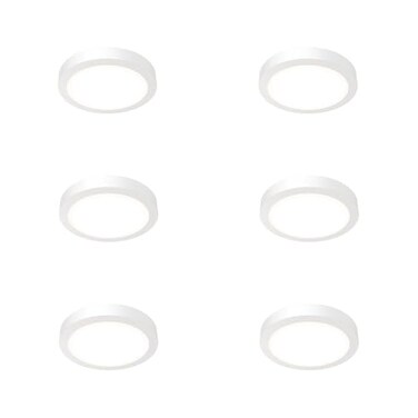 Juno Slim Basics 6 Inch LED Ceiling Light, Low Profile Surface Mount Downlight for Shower or Closet Lighting, 3000K/4000K/5000K Selectable White Light, Edged Trim, Wet Rated, Matte White, 6 Pack
