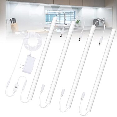 Jusjubr Under Cabinet Lights Plug-in Cold White 6000K, Dimmable LED Under Cabinet Lighting, 4PCS 12 Inch Under Counter Lights for Kitchen with Memory Function, LED Light Bar for Closet, Pantry