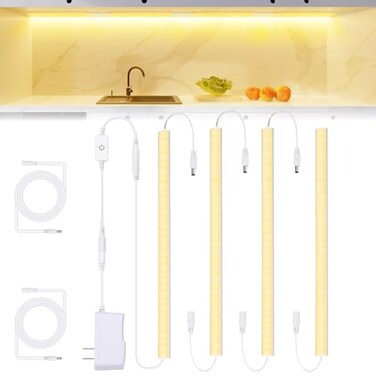 Jusjubr Under Cabinet Lights Plug-in, 4 Pack X 12Inch Warm White 3000K LED Under Cabinet Lighting, Dimmable Under Counter Lights with Memory Function, LED Light Bars for Kitchen Pantry Desk