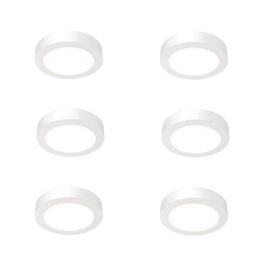 Juno Slim Basics 4 Inch LED Ceiling Light, Low Profile Surface Mount Downlight for Shower or Closet Lighting, 3000K/4000K/5000K Selectable White Light, Edged Trim, Wet Rated, Matte White, 6 Pack