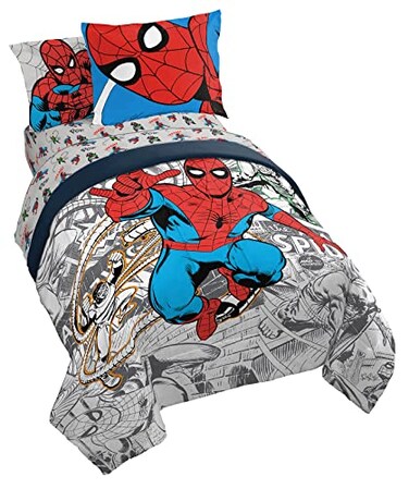 Jay Franco Marvel Spiderman Twin Comforter Set 5 Piece Bedding for Boys, Grey