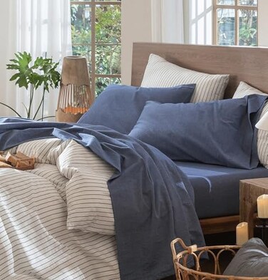 MooMee Sheet Set 100% Washed Cotton Linen-like Extra Deep Pocket Queen