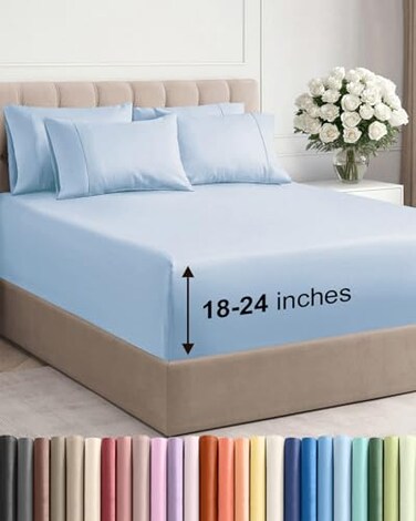CGK Unlimited Extra Deep Queen Sheet Set - 6 Piece Breathable &amp; Cooling Sheets - Sky Blue
