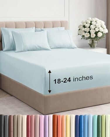 CGK Unlimited Extra Deep Queen Sheet Set - 6 Piece Breathable &amp; Cooling Sheets - Ice Blue