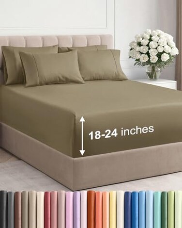CGK Unlimited Extra Deep King Sheet Set - 6 Piece Breathable and Cooling Sheets - Khaki