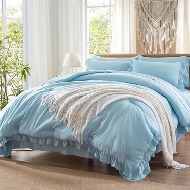 Anluoer Full Size Comforter Sets 7 Piece, Ruffle Bed in a Bag Bedding Sets