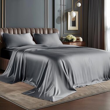 Bedelite Satin Sheets Queen Size Bed Set, Dark Grey, 4 Pieces
