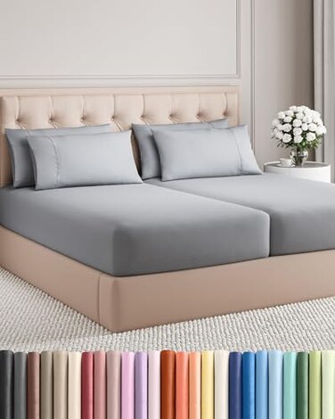 CGK Unlimited Split King 7 Piece Bed Sheet Set - Comfy, Breathable &amp; Cooling - Steel Blue