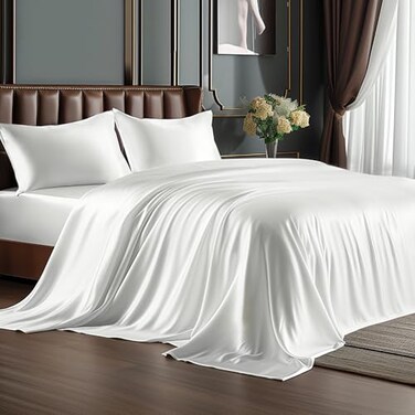 Bedelite Satin Sheets Queen Size Bed Set, White, 4 Pieces