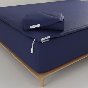 QuickZip Fitted Plus Spare Bundle: 1 Fitted &amp; 1 Zip Sheet Easy Change, Soft Percale 400 Tc 100% Cotton - Queen Size Deep Pocket Sheets - Deep Navy